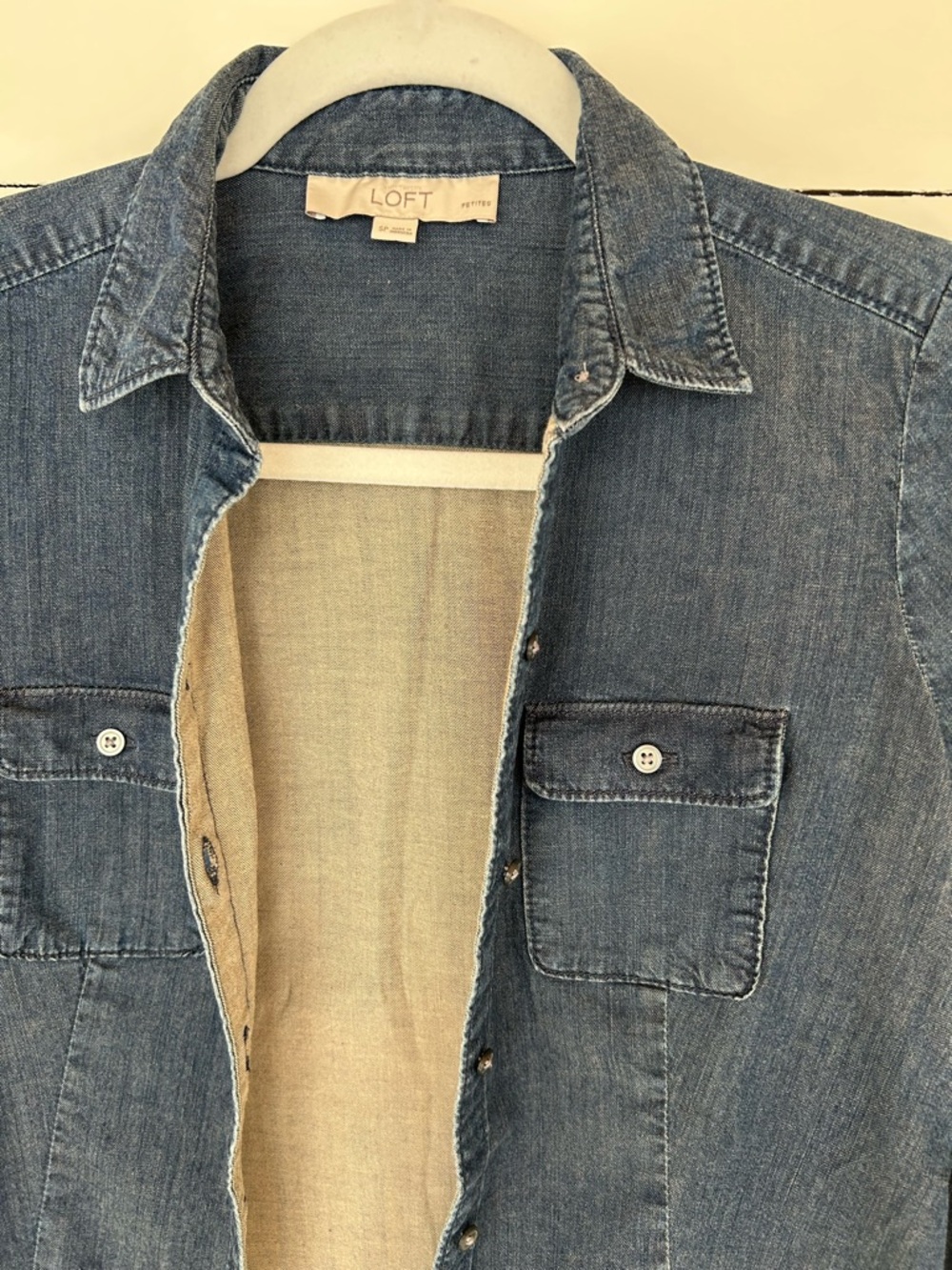 LOFT Vintage Denim L/S Lined Button Down Blouse, Size SP. - Picture 4 of 5